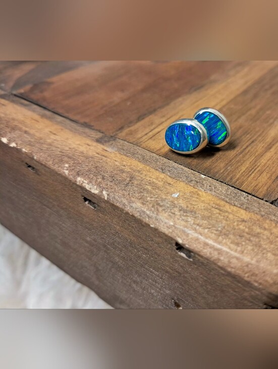 Jewelry - Vintage Sterling Silver Oval Blue Opal Inlay Stud Earrings